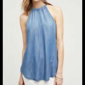 ANTHROPOLOGIE-Chambray-Halter-Tie-Neck-Top-Small